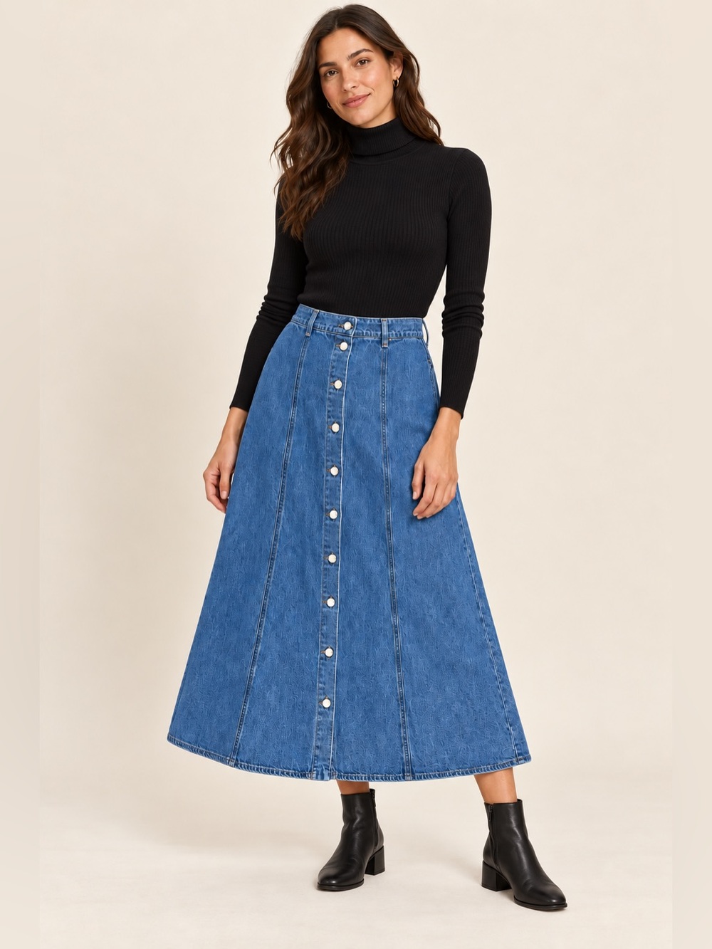 XiRENA Spence Denim Midi Skirt Button Front A Line Blue Size L